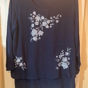 Elegant Navy Blue Floral Embroidered Women's Top by Diane Gilman